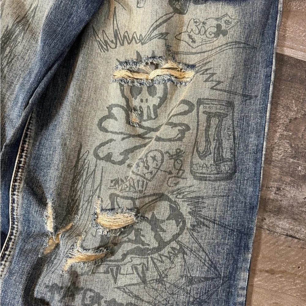 Jaded London Graffiti‎ Distressed Wide Leg Jeans Size 30 | Y2K Skater Streetwear